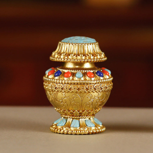 纯铜供佛宝瓶佛教用品莲花如意迷你宝瓶摩尼宝瓶摆件镶彩珠