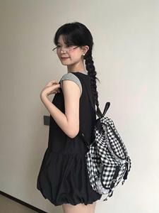 韩国小众黑白格蕾丝双肩包少女甜酷学院风背包日系大容量书包口袋