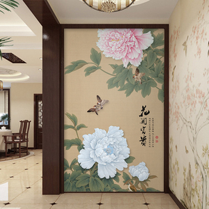 花开富贵5d新中式手绘工笔花鸟牡丹玄关走廊过道定制奢华壁画墙布