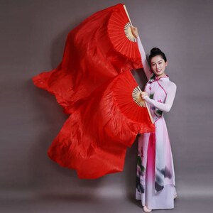 长绸扇舞蹈扇喜庆大红色舞蹈长扇子扭秧歌扇子长绸扇中国红广场