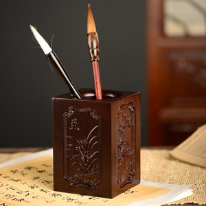黑檀木雕梅兰竹菊笔筒工艺品办公室书桌家居客厅木质笔筒摆件送礼
