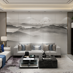 2021年现代新中式山水画硬包客厅电视背景墙壁画沙发卧室床头酒店
