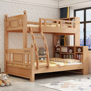 儿童榉木高低床1.35米双层床书柜上下床1.2全实木子母床1.5可拆分