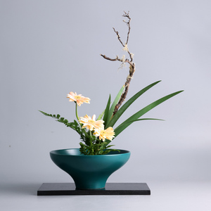 孔雀绿高足盘插花花器器皿日式中式剑山插花禅意斗笠花盘花盆