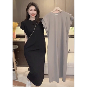 韩版时尚减龄收腰连衣裙女2024年夏季新款遮肉长款坎袖直筒T恤裙