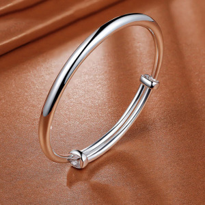 s9999纯银手镯女韩版光面实心推拉古法传承森系镯子饰品