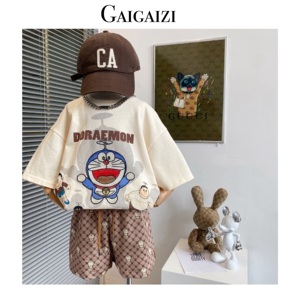 GZ-亲子装【口袋魔法】刺绣2024中大童短袖+匹布印花短裤两件套