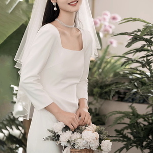 新娘高级感长袖法式方领修身弹力长款领证订婚白色小礼服连衣裙