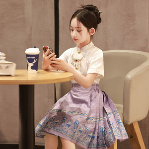 儿童马面裙夏天女童中国风古装汉服短款日常套装小女孩唐装薄款紫