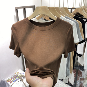圆领短袖T恤女2024夏季纯色简约基础款螺纹棉弹力修身显瘦打底衫