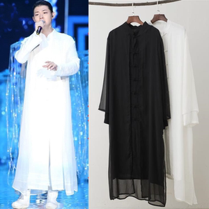 霍尊同款衣服汉服中国风男装古风假俩件长袍立领中式唐装长衫演出