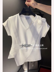 法式白色短袖t恤女2024夏季新款女装拼接花朵v领不规则设计感上衣