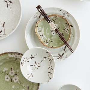 日本进口绿白雪樱花陶瓷餐具饭碗汤碗面碗深盘菜小蝶盘子日式复古