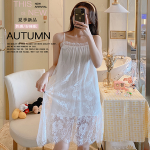 性感吊带睡裙低胸碎花冰蕾丝网纱家居黑白色纯欲风睡衣女夏季薄款