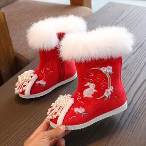 儿童汉服鞋冬季加绒古风鞋子新款女童绣花鞋古代公主鞋宝宝棉鞋靴