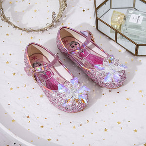 厂家直供新款冰雪奇缘公主鞋一字带雪花卡通童鞋亮片水晶儿童女鞋