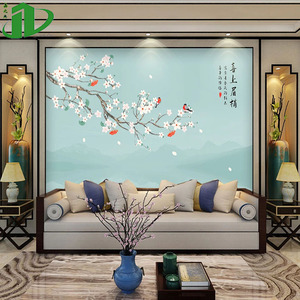 新中式工笔花鸟墙纸电视背景墙简约梅花壁纸喜上眉梢墙布卧室壁画