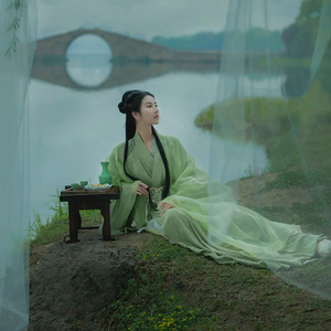 清冷系原创绿色汉服女夏魏晋风直裾交领古装广袖流仙裙古风连衣裙