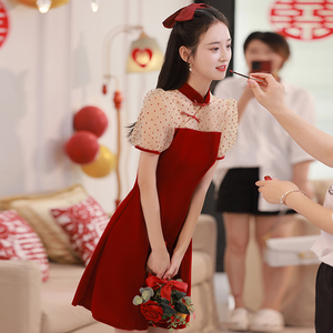 旗袍敬酒服新娘2023新款冬季礼服红色连衣裙订婚女小个子平时可穿