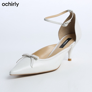 ochirly欧时力新款秋装羊皮革蝴蝶结浅口高跟鞋女1z01