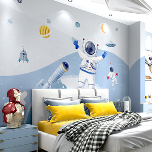北欧简约卡通宇航员儿童房墙纸现代蓝色太空主题墙布男孩环保壁布