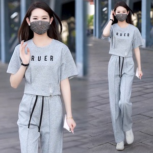 休闲时尚薄款运动服套装女2024夏季新款短款短袖阔腿裤洋气两件套