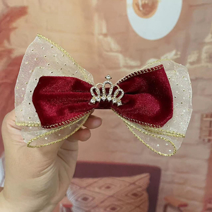 俏菲尔女孩公主仙气发饰高端金边丝绒蝴蝶结发夹儿童立体皇冠发卡