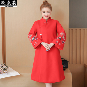 复古汉服唐装大码胖mm夹棉加厚毛呢外套女中国风刺绣改良旗袍大衣