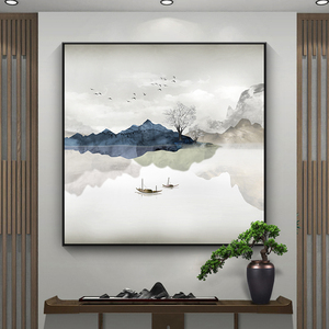 新中式入户玄关装饰画正方形山水客厅走廊过道茶室禅意风景挂画