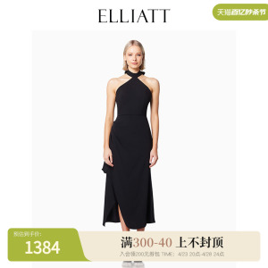 ELLIATT挂脖式连衣裙女优雅气质侧开叉黑色露背礼服长裙E7032432