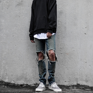 kanye侃爷欧美潮牌复古做旧水洗膝盖大破洞高街牛仔裤男修身长裤