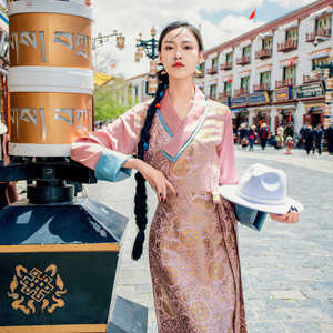 粉色藏风连衣裙长袖翻领西藏拉萨西藏服国风新中式长裙藏式博拉裙
