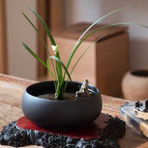 紫砂水钵水盘禅意小原流中式日式花道剑山插花器陶瓷花瓶花盘器皿