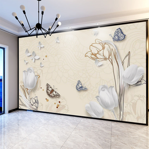 北欧简约电视背景墙壁纸郁金香墙布背景墙卧室客厅立体影视墙壁画