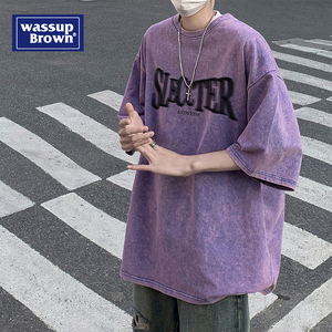 WASSUP紫色欧美高街T恤男士夏季重磅水洗做旧短袖美式潮牌七分袖
