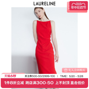 LAURELINE/洛瑞琳春季新款中国红色优雅修身无袖梭织连衣裙女