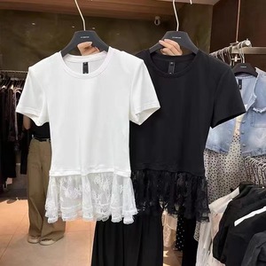 广州十三行女装韩国高货上衣设计感蕾丝拼接短袖裙摆式精品T恤夏