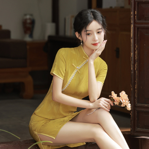 黄色旗袍改良年轻款少女夏季小个子150cm显高短款新式国风连衣裙
