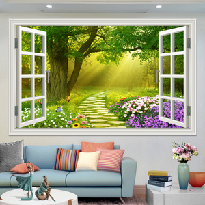 假窗户风景画沙发背景墙贴装饰画客厅房间温馨浪漫北欧3d墙纸壁画