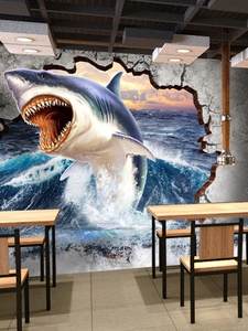3D立体鲨鱼壁纸海洋馆大白鲨壁画寿司店装饰刺身海鲜餐厅背景墙纸