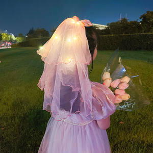 抖音同款儿童发光蕾丝披纱头饰小女孩可爱长短款头纱女童宝宝发饰