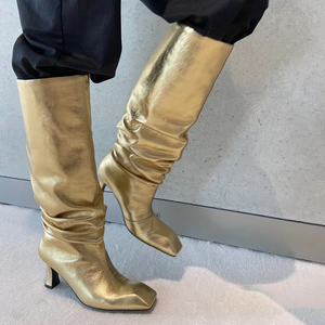 2022早秋新款欧美时尚金色小方头高跟长靴女百搭个性高筒时装靴女