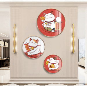 招财猫玄关装饰画入户进门过道背景墙面壁画日式餐厅楼梯挂画圆形