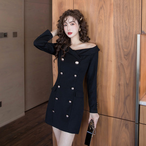 2020秋冬装休闲简约西装连衣裙女一字肩双排扣修身显瘦性感包臀裙