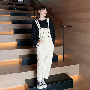 工装背带裤女小个子2021春季新款韩版白色显瘦休闲百搭阔腿直筒裤