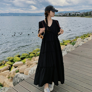 黑色法式连衣裙女夏季2024新款宽松显瘦休闲气质高级感大裙摆裙子