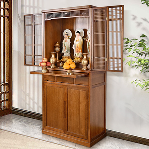唐氏金丝柚木带门立柜佛龛家用背光供台客厅观音财神供奉柜神龛