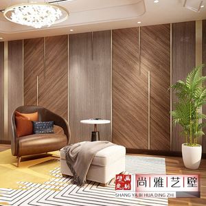 北欧原木色客厅沙发墙纸会议室木饰面电视背景墙壁纸轻奢条纹墙布