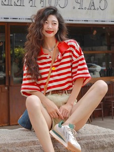 港风文艺休闲套装女红白条纹POLO领短袖t恤夏季欧货短裤俩件套