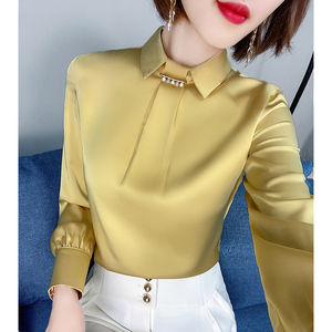 黄色真丝衬衫女士2024春秋新款时尚韩版设计感小众洋气雪纺上衣